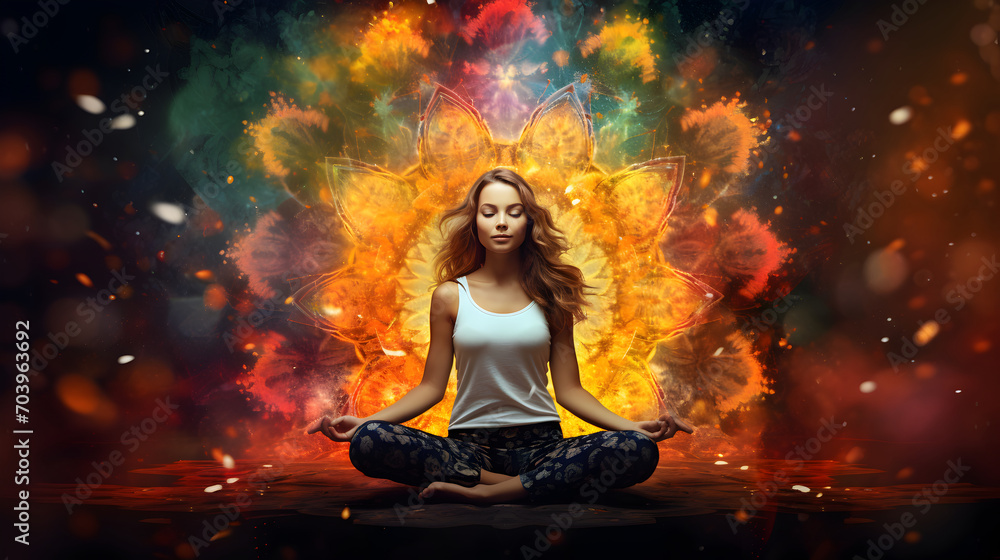 Silhouette of girl in Lotus position on an abstract positive energy background