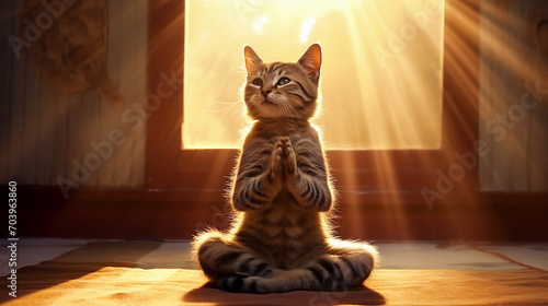 The cat sits in the lotus position and makes namaste with its paws. photo