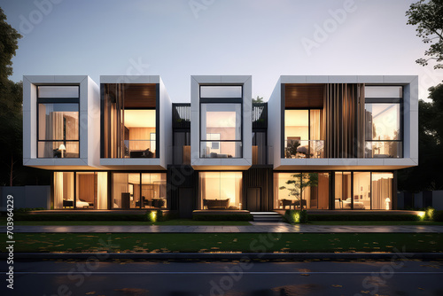 The tranquility of modern city living, stylish modular townhouses with a minimalist and elegant architectural exterior.