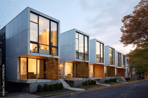 The modern urban living, features minimalist modular townhouses with a sophisticated residential architecture exterior.