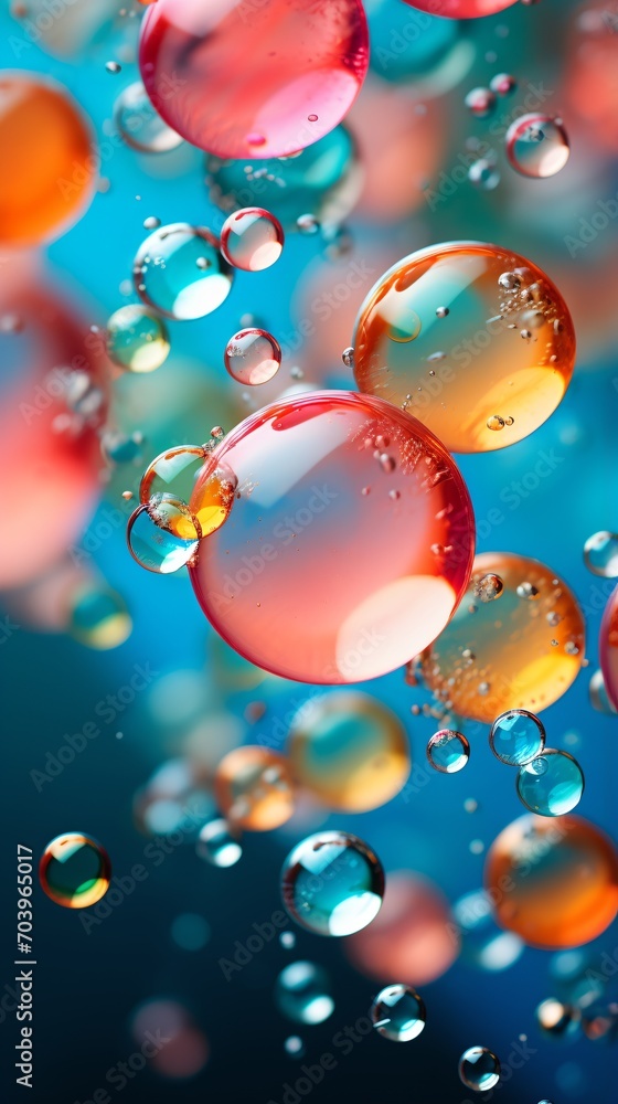 Colorful bubbles floating in a blue liquid,