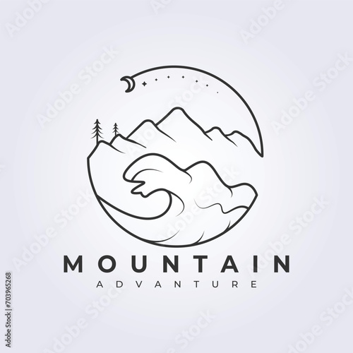 Mountain and beach line art logo illustration design with night