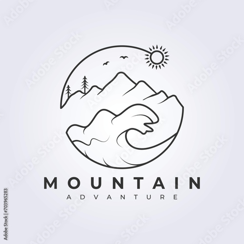 Mountain and beach line art logo illustration design with daytime nuances