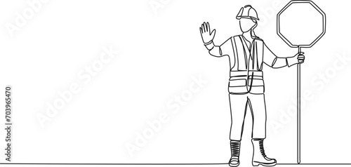 continuous single line drawing of female road worker with stop sign, line art vector illustration