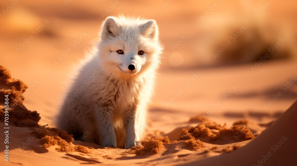 Arctic fox with its distinctive white fur sits against desert landscape, unusual habitat for such an animal in background The warm, soft light of setting or rising sun. Climate change. Global warming