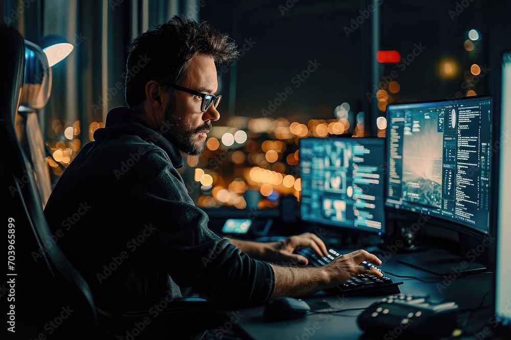 A professional software developer coding on multiple computer screens in an office late at night.
