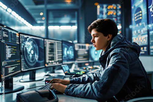 Young male technology specialist focused on coding at a computer workstation with multiple screens in a modern control room.