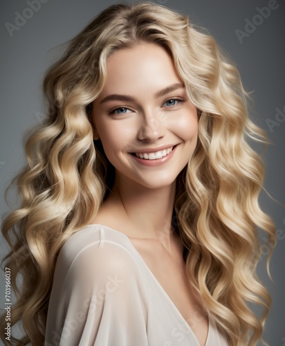 Model with long blonde wavy hair and a gentle smile posing in a studio 