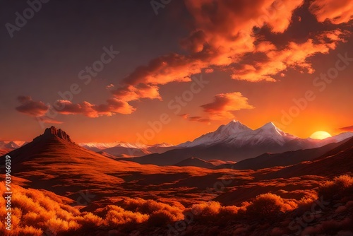 Orange sunset clouds over mountain landscape 