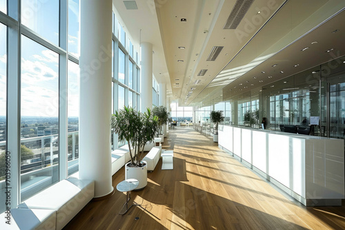 Spacious and modern office interior with large windows offering a stunning city view and abundant natural light.