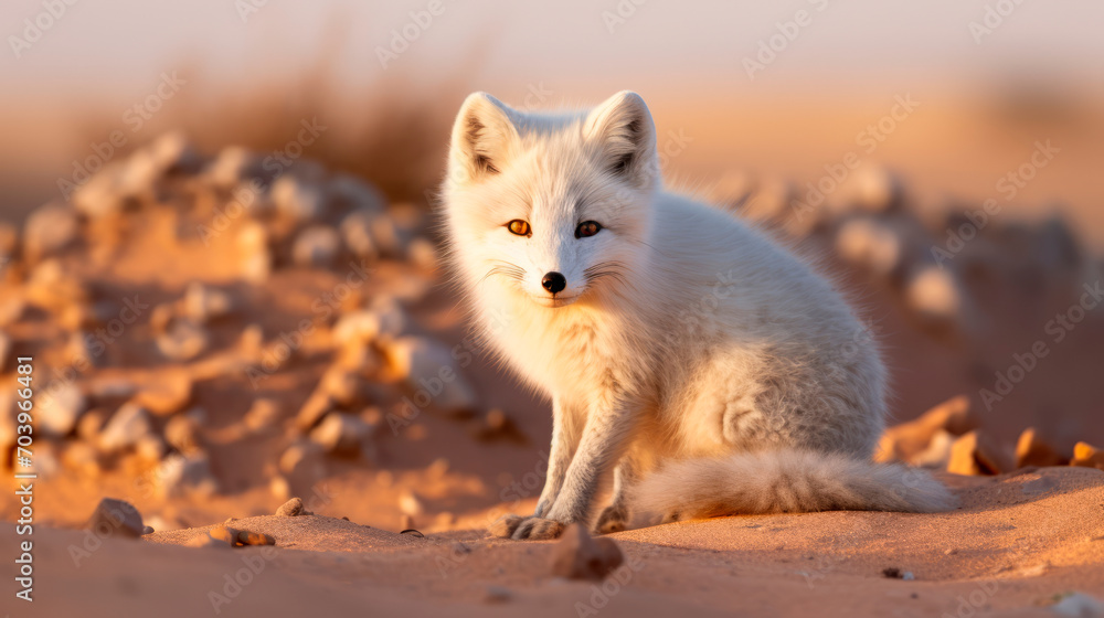 Arctic fox with its distinctive white fur sits against desert landscape, unusual habitat for such an animal in background The warm, soft light of setting or rising sun. Climate change. Global warming Arctic fox with its distinctive white fur sits against desert landscape, unusual habitat for such an animal in background The warm, soft light of setting or rising sun. Climate change. Global warming