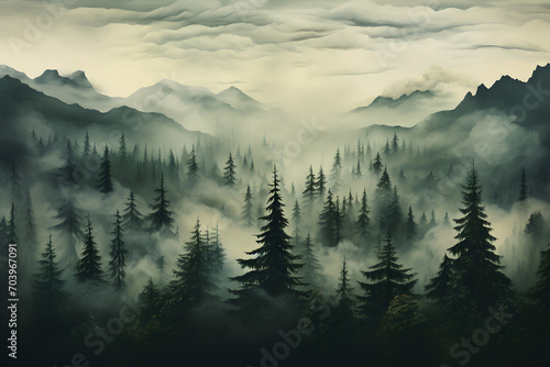Misty landscape with fir forest in vintage retro style © Gonzalo