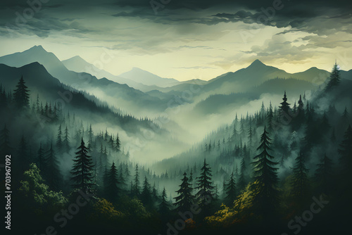 Misty landscape with fir forest in vintage retro style photo