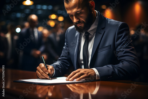 Businessman in a suit signs a contract for the purchase of a property photo