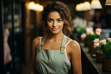 Portrait of waitress young woman wearing apron smiling and looking at camera, Attractive owner female working at cafe in restaurant coffee shop interior feeling creerful and happy