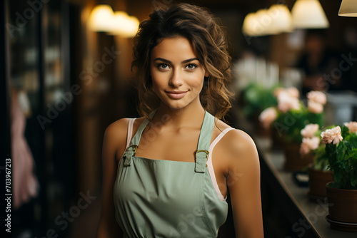 Portrait of waitress young woman wearing apron smiling and looking at camera, Attractive owner female working at cafe in restaurant coffee shop interior feeling creerful and happy