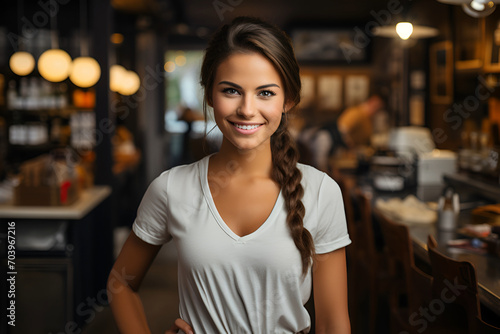 Portrait of waitress young woman wearing apron smiling and looking at camera, Attractive owner female working at cafe in restaurant coffee shop interior feeling creerful and happy