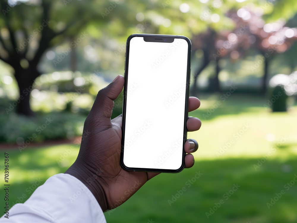 Close up man hand showing and using smartphone with blank empty white sceen mock up in the park