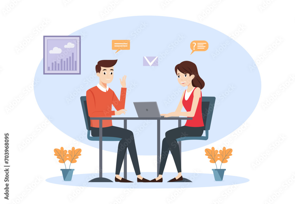 Job interview vector flat modern illustration of a man talking to a young woman with laptop. Isolated on background Job interview vector flat modern illustration of a man talking to a young woman with laptop. Isolated on background