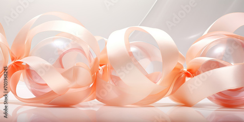 Spherical structures nestled among white and peach ribbons