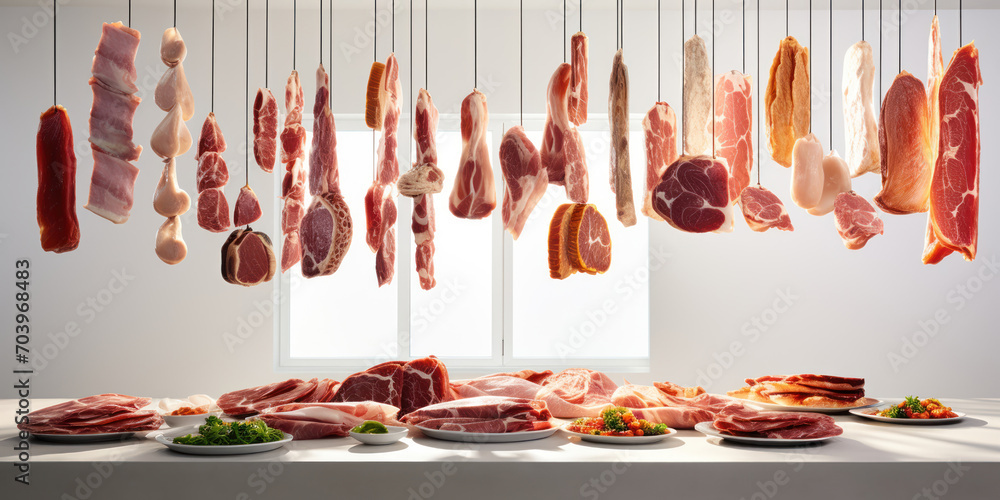 Cured meats suspended in a room, their rich colors highlighted by the bright white of a modern butchery