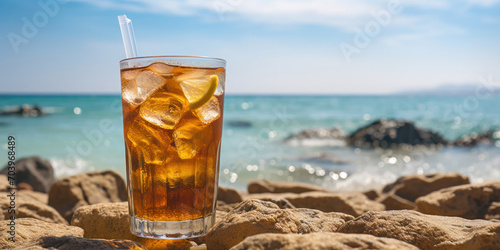 refreshing glass of iced tea rests on smooth stones at a sunny beach  waves lapping in the background