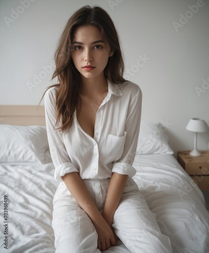 greek woman sitting on edge of bed Boudoir
