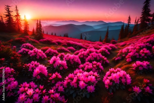 Magic pink flowers rhododendrons at sunset in a mountainous area. Location place Carpathian mountains  National Park Chornohora  Ukraine  Europe. Exotic photo wallpaper. Discover the beauty of earth 3