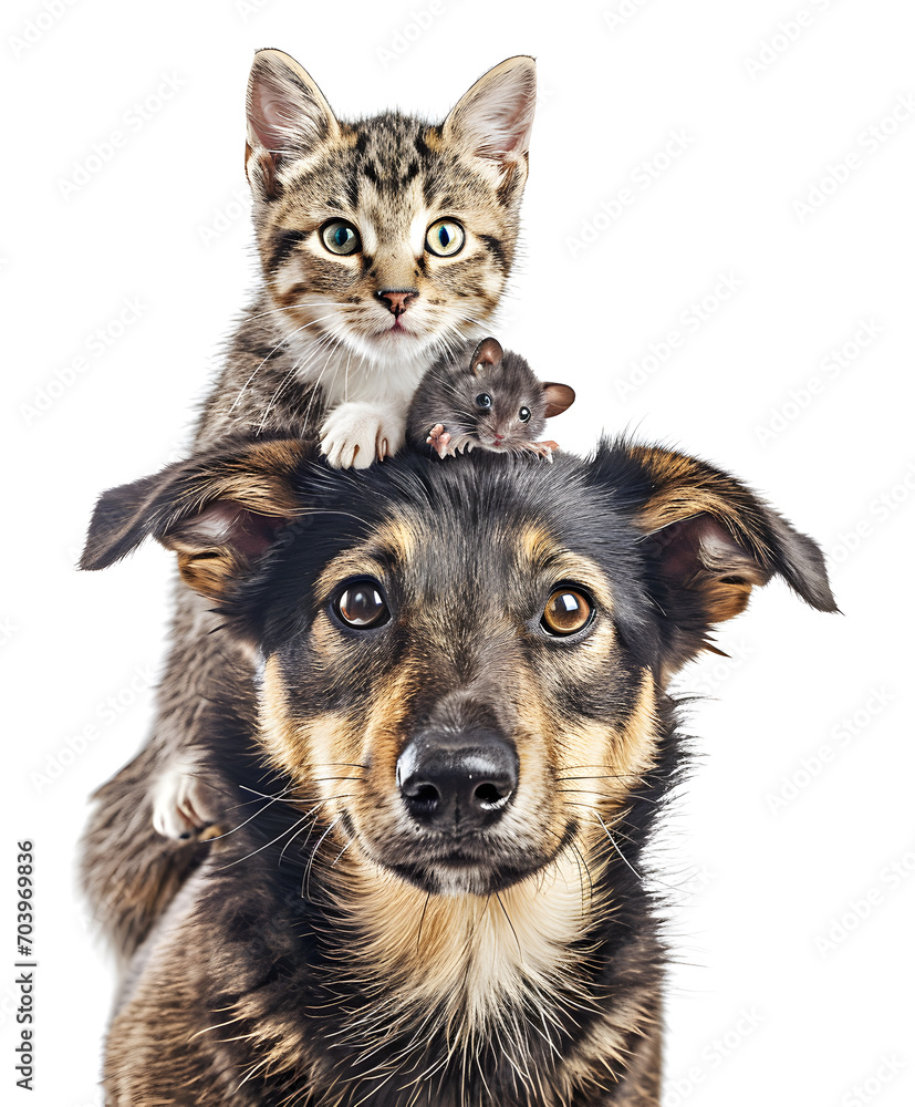 Friendship of pet mouse, cat and dog. Concept of national pet day. Friendship of pet mouse, cat and dog. Concept of national pet day.