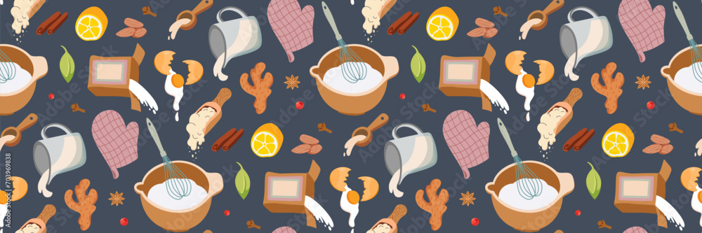 Seamless pattern with pastries, kitchen utensils. Ingredients for lemon cake, flour, milk, cinnamon. Seamless pattern with pastries, kitchen utensils. Ingredients for lemon cake, flour, milk, cinnamon.