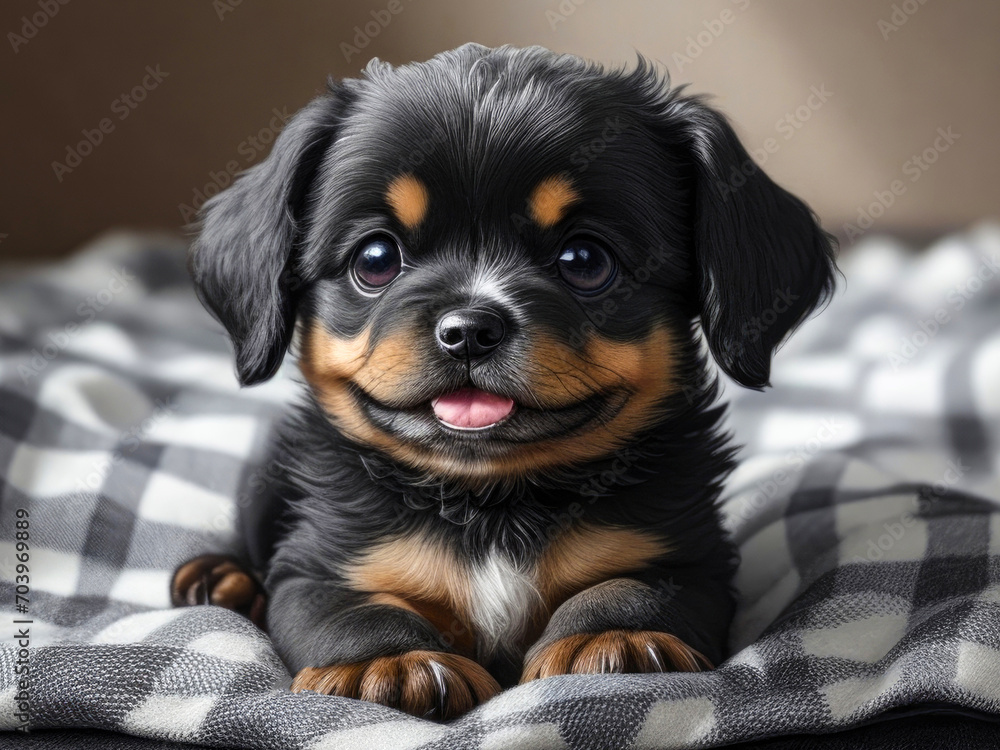 A small playful puppy on a blanket. Little black dog in plaid A small playful puppy on a blanket. Little black dog in plaid