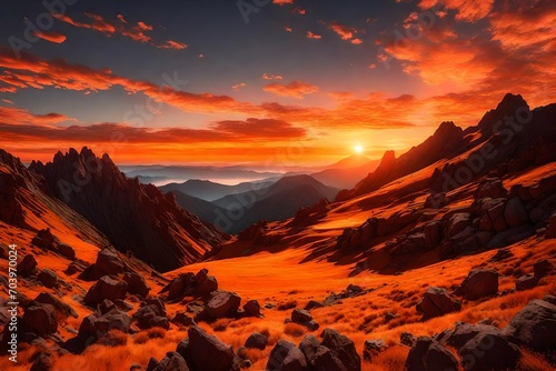 Orange sunset clouds over mountain landscape 