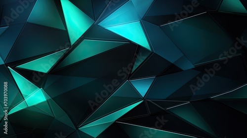 Black dark blue green teal cyan petrol jade abstract background. Geometric shape. 3d effect. Line triangle angle polygon wave. Color gradient. Light glow neon flash metal metallic. Design. Futuristic.