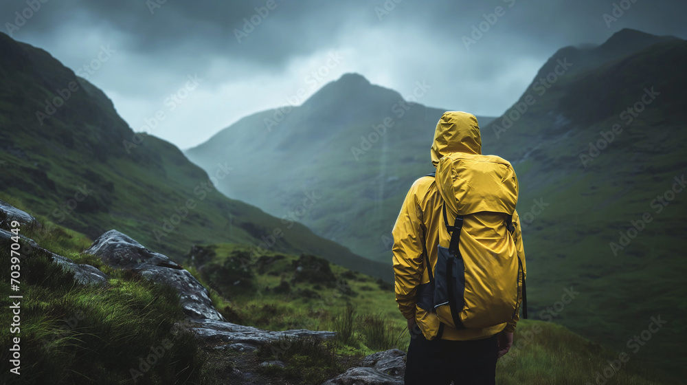 Waterproof jacket on a hiker in a rainy mountain landscape