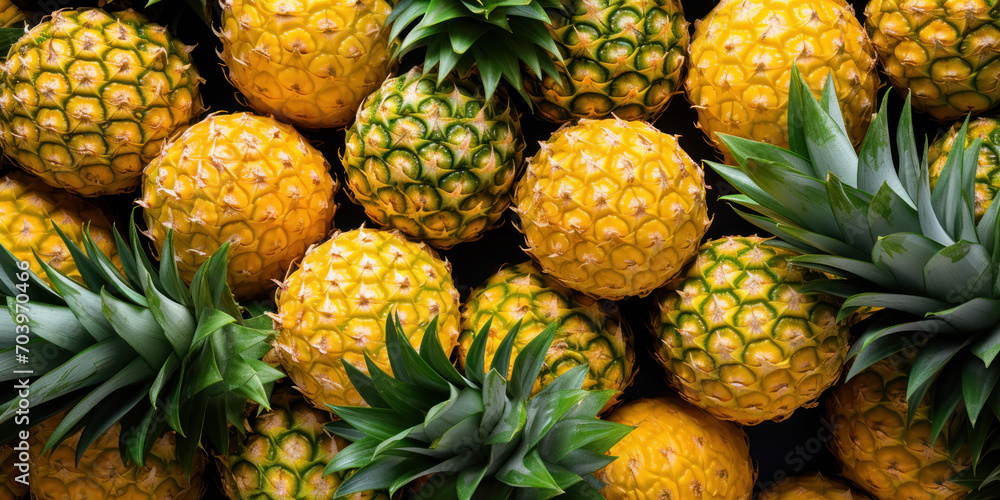 Vibrant array of pineapples fills the frame, their juicy yellow slices inviting a taste of summer Vibrant array of pineapples fills the frame, their juicy yellow slices inviting a taste of summer