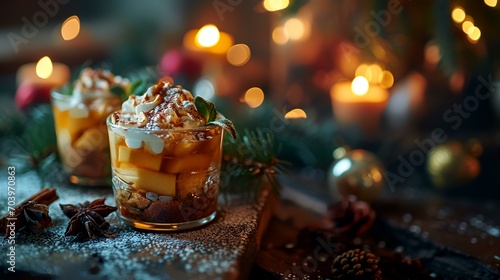 Christmas dessert with caramel and whipped cream in a glass, selective focus photo