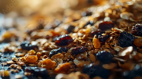Healthy granola with nuts and raisins close up.