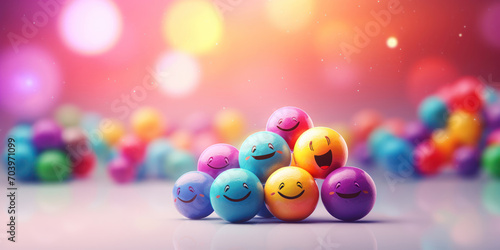 Joyful emoji balls cluster in a rainbow array, each with a unique cheerful expression