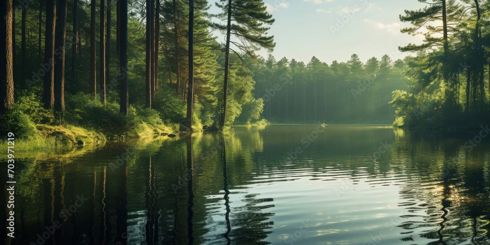 Sunbeams filter through a peaceful pine forest, casting reflections on a still pond