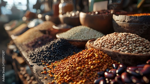 Variety of grains and legumes in a market in Morocco. photo