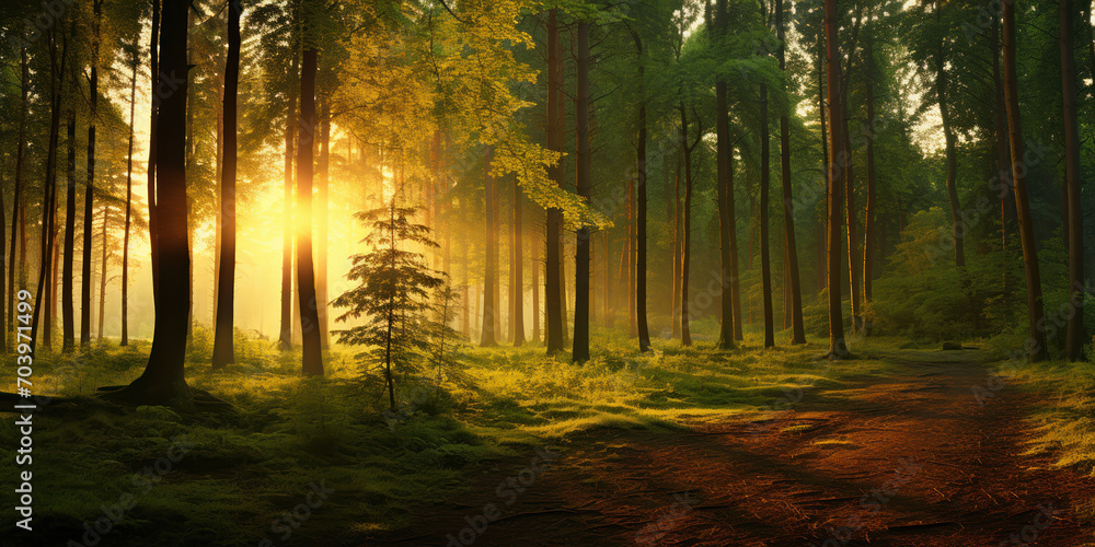 Serene forest glade bathed in the soft golden light of a setting sun Serene forest glade bathed in the soft golden light of a setting sun