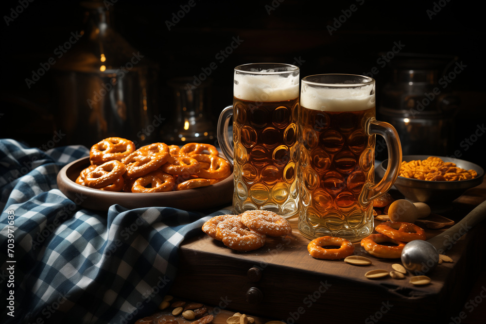 Beer mugs and pretzels on Bavaria flag fabric texture background. Oktoberfest, beer festival concept, stock image Beer mugs and pretzels on Bavaria flag fabric texture background. Oktoberfest, beer festival concept, stock image