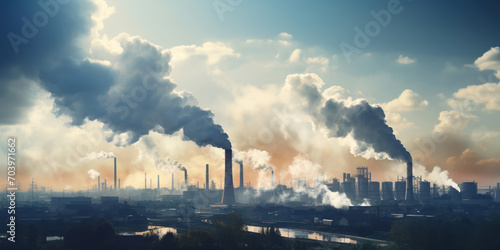 Smoke billows from industrial chimneys, overlaying a clear sky above a modern cityscape
