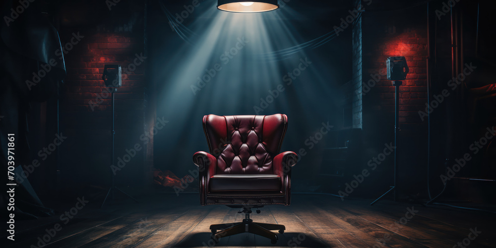 Director's chair and spotlight set the stage for a cinematic production in a dark studio - obrazy, fototapety, plakaty 