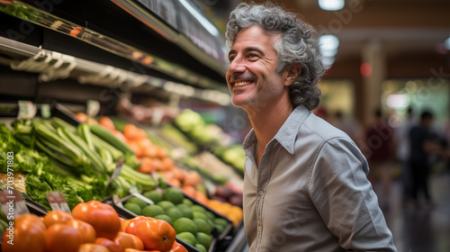 a man in a grocery store. A middle-aged man in a supermarket.