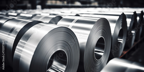 Steel rolls gleam with precision, stacked neatly in an industrial warehouse setting