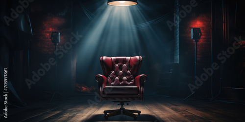 Director's chair and spotlight set the stage for a cinematic production in a dark studio