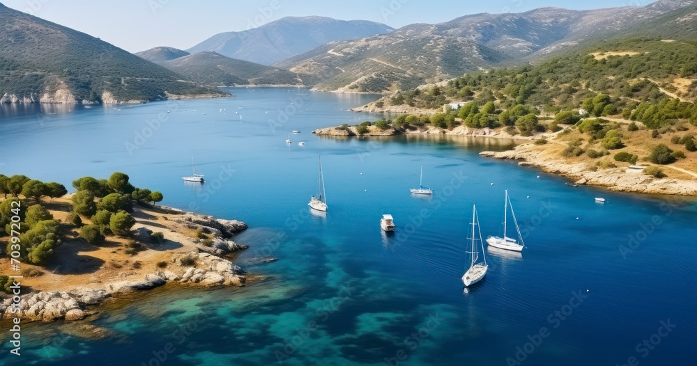 Naklejka premium A Bird's-Eye View of Boats Scattered Across a Sunlit Bay in the Vast Blue Ocean. Generative AI