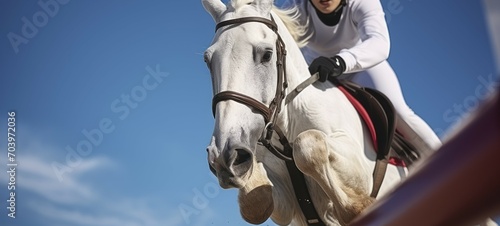 A Low Angle Perspective of a Girl and Her White Horse Conquering a Training Hurdle. Generative AI © Watasiwa
