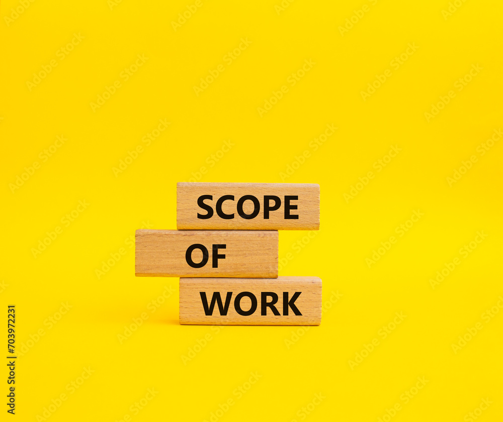 Scope of Work symbol. Concept words Scope of Work on wooden blocks. Beautiful yellow background. Business and Scope of Work concept. Copy space. Scope of Work symbol. Concept words Scope of Work on wooden blocks. Beautiful yellow background. Business and Scope of Work concept. Copy space.